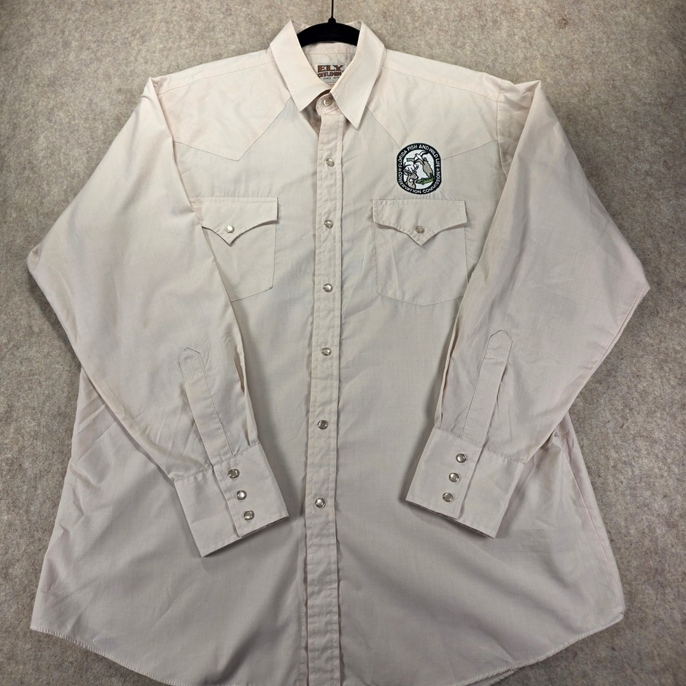 Ely Cattleman Mens Western Pearl Snap Shirt Florida Fish Wildlife Tan L 16.5x34
